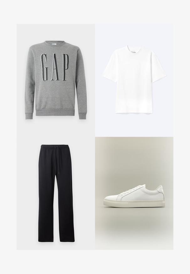 Grå sweatshirt med rund hals, ribbede manchetter og kant, med ordet "GAP" i store sorte bogstaver på forsiden. Blød stofstruktur.; Enkel hvid T-shirt med korte ærmer og rund hals med afslappet pasform, vist på en lys baggrund.; Abercrombie & Fitch ESSENTIAL BAGGY OPEN HEM CASUAL - Træningsbukser - black; Hvid lavtop sneaker med snørebånd foran og tyk sål, vist fra siden mod en neutral baggrund.