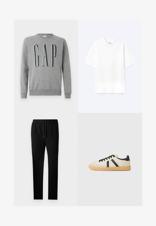 Grå sweatshirt med rund hals, ribbede manchetter og kant, med ordet "GAP" i store sorte bogstaver på forsiden. Blød stofstruktur.; Enkel hvid T-shirt med korte ærmer og rund hals med afslappet pasform, vist på en lys baggrund.; Sorte joggingbukser med skræddersyet pasform, elastisk talje og snørehank. Lavet af blødt stof med en glat tekstur og uden synlige mønstre.; Casual sneakers i creme med sorte striber, med en tekstureret overdel og sål i gummigummi. Snørebåndene er sorte. Diskret logo på siden.