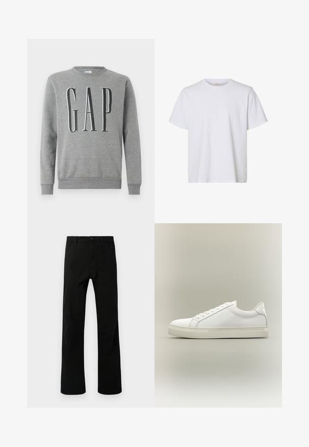 Grauer Sweatshirt mit Rundhalsausschnitt, gerippten Bündchen und Saum, mit dem Wort "GAP" in großer schwarzer Schrift auf der Vorderseite. Weicher Stoff.; Schlichtes weißes T-Shirt mit kurzen Ärmeln, Rundhalsausschnitt, regulärer Passform und glatter Stoffstruktur, auf weißem Hintergrund dargestellt.; Schwarze gerade geschnittene Hosen mit Fronttaschen, Knopfverschluss und Gürtelschlaufen, vor einem weißen Hintergrund präsentiert.; Weißer Sneaker mit niedrigem Schaft, vorn mit Schnürung und dicker Sohle, aus der Seitenansicht vor neutralem Hintergrund.