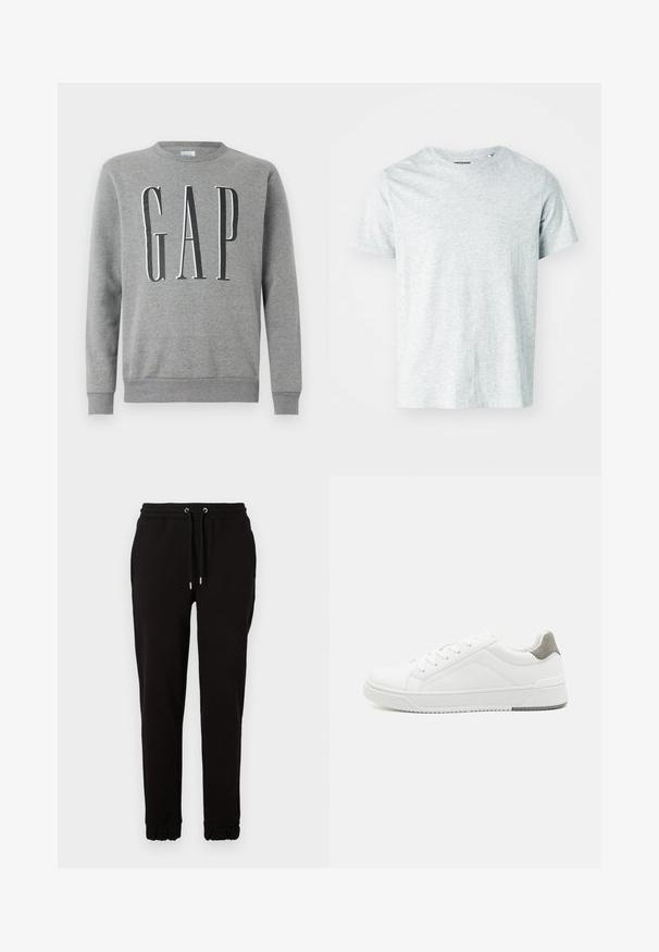 Grå sweatshirt med rund hals, ribbede manchetter og kant, med ordet "GAP" i store sorte bogstaver på forsiden. Blød stofstruktur.; Lys grå, kortærmet t-shirt lavet af blødt stof, med en rund hals og en let afslappet pasform. Ingen synlige mønstre eller grafik.; Sorte sweatpants lavet af blødt stof, med elastisk talje med snoretræk, sidelommer og samlet manchette ved anklerne.; Hvid sneaker lavet af glat læder, rund tå, minimalistisk design, grå hælafsats og tekstureret gummisål.