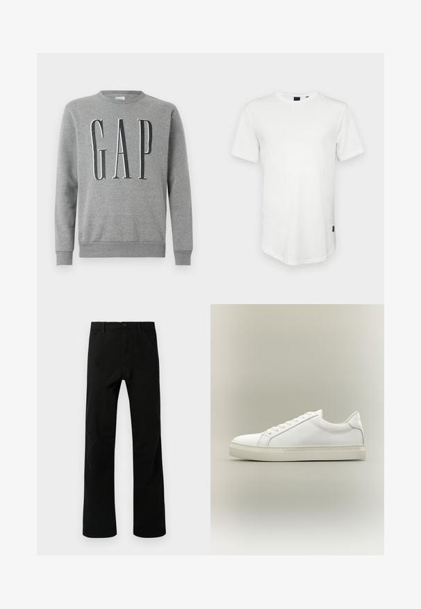 Grauer Sweatshirt mit Rundhalsausschnitt, gerippten Bündchen und Saum, mit dem Wort "GAP" in großer schwarzer Schrift auf der Vorderseite. Weicher Stoff.; Weißes T-Shirt mit kurzen Ärmeln aus Baumwolle, mit Rundhalsausschnitt und einem leicht verlängerten Rückenteil, sowie einem kleinen Logo-Akzent an der Seite.; Schwarze gerade geschnittene Hosen mit Fronttaschen, Knopfverschluss und Gürtelschlaufen, vor einem weißen Hintergrund präsentiert.; Weißer Sneaker mit niedrigem Schaft, vorn mit Schnürung und dicker Sohle, aus der Seitenansicht vor neutralem Hintergrund.