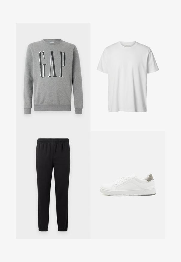 Grauer Sweatshirt mit Rundhalsausschnitt, gerippten Bündchen und Saum, mit dem Wort "GAP" in großer schwarzer Schrift auf der Vorderseite. Weicher Stoff.; Schlichtes weißes T-Shirt mit kurzen Ärmeln und Rundhalsausschnitt, lässiger Passform und ohne sichtbare Logos oder Designs auf der Vorderseite.; Schwarze Jogginghose mit elastischem Bund, schmal zulaufenden Beinen und strukturiertem Stoff. Verfügt über ein dezentes Logo-Detail auf der linken Seite.; Weißer Sneaker aus glattem Leder, runde Zehenpartie, minimalistisches Design, graue Fersenkante und strukturierte Gummisohle.