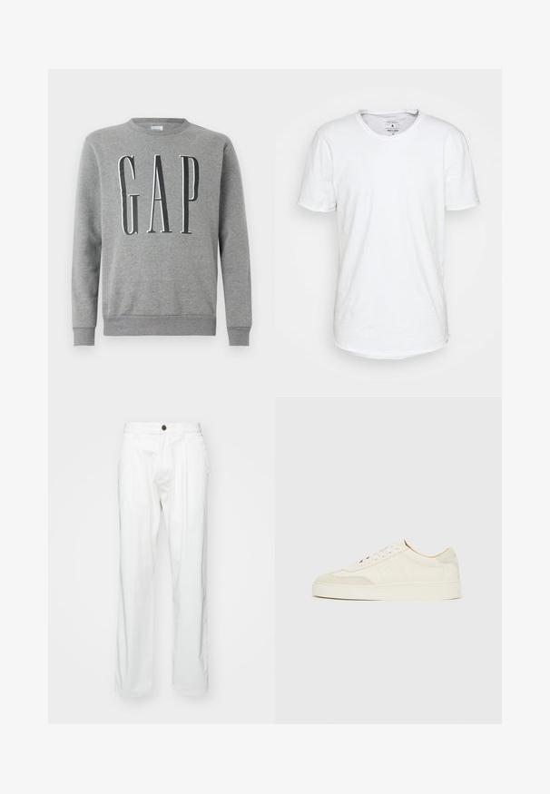 Grijze sweatshirt met een ronde hals, ribgebreide manchetten en zoom, met het woord "GAP" in grote zwarte letters op de voorkant. Zachte stoftextuur.; Witte T-shirt met korte mouwen van katoen, met een klassieke ronde halslijn. Heeft een licht gebogen zoom en minimale stiksels.; Witte katoenen broeken met een relaxed fit, met een knoopsluiting, twee voorplooien en zijzakken. Soepele textuur, geen patronen.; Witte suède sneakers met een gladde afwerking, ronde neus, plat veterontwerp en contrasterende gestructureerde accenten. Voorzien van een subtiel logodetail.