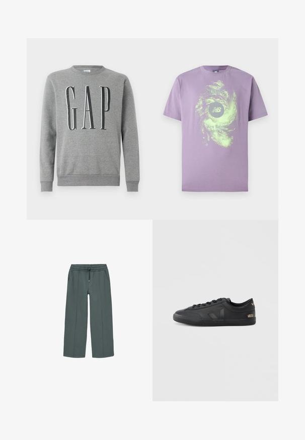 Grå sweatshirt med rund hals, ribbede manchetter og kant, med ordet "GAP" i store sorte bogstaver på forsiden. Blød stofstruktur.; Lilla bomuld T-shirt med rund hals, der har et grønt abstrakt swirl-design og trykt logo "New Balance Athletics".; Grå brede sweatpants med elastisk talje, snor og sidelommer. Glat tekstur med synlige syninger.; Sorte sneakers i læder med tekstureret overflade, rund tå, snørelukning og diskret branding på siden og hælen.