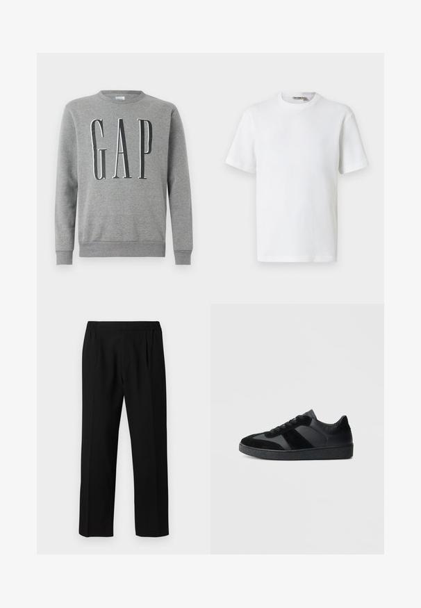 Grå sweatshirt med rund hals, ribbede manchetter og kant, med ordet "GAP" i store sorte bogstaver på forsiden. Blød stofstruktur.; Hvid kortærmet t-shirt i vaffelmønster med rund hals og et lille mærke med brandnavn inde i kraven, vist på en ensfarvet baggrund.; Sorte bukser lavet af et glat stof, med et elastisk taljebånd, lige ben-design og to frontfolder for ekstra detaljer.; Sorte sneakers med en kombination af glat læder og ruskind, med en tekstureret sort gummisål og subtil stripingdetalje.