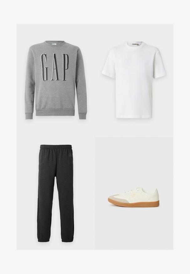Grå sweatshirt med rund hals, ribbede manchetter og kant, med ordet "GAP" i store sorte bogstaver på forsiden. Blød stofstruktur.; Hvid kortærmet t-shirt i vaffelmønster med rund hals og et lille mærke med brandnavn inde i kraven, vist på en ensfarvet baggrund.; Grå sweatpants lavet af blødt stof, med elastisk talje og indsnævrede ben med elastiske manchetter. Subtilt logo detalje på det ene ben.; Sneaker lavet af hvid læder med en beige tåhætte og let brunt gummisål. Har flade hvide snørebånd og prægede branding på siden.