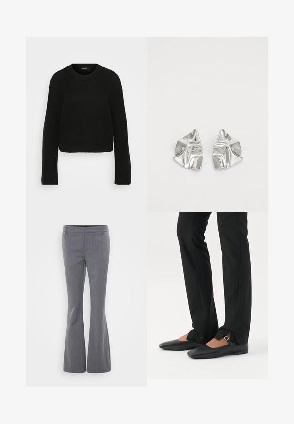 Čierny pletený sveter s okrúhlym výstrihom a dlhými rukávmi. Má textúrovaný vzor a skrátený strih.; Gina Tricot Tall RELAXED TROUSERS - Nohavice - grey melange; Nohy v čiernych priliehavých nohaviciach s prednými rozparkami na leme, v kombinácii s čiernymi plochými topánkami Mary Jane s malým prackovým remienkom.; Strieborné kovové náušnice s vlnitým, sochárskym dizajnom, s lešteným povrchom a nepravidelnými tvarmi, ktoré zvýrazňujú súčasnú estetiku.