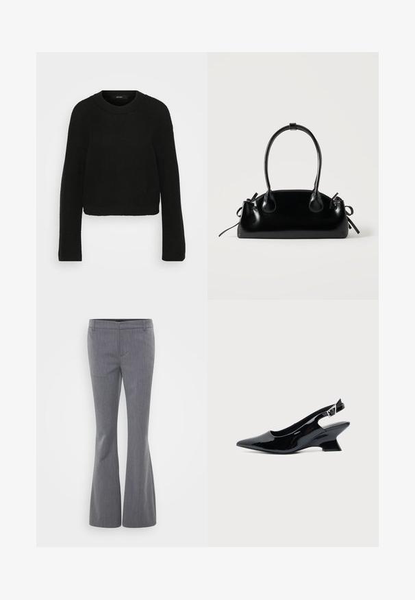 Mustmust jume mustris with ringiga ja pikkade varrukatega. Omab tekstuurset mustrit ja lühendatud disaini.; Gina Tricot Tall RELAXED TROUSERS - Püksid - grey melange; Mustast lakknahast slingback king, millel on terav nina ja madal kalle plokktald, ühtlase heleda taustaga.; Väike must läikiv käekott kahe pika sangaga ja külgedel paelakinnitustega, ühel lihtsal helel taustal.