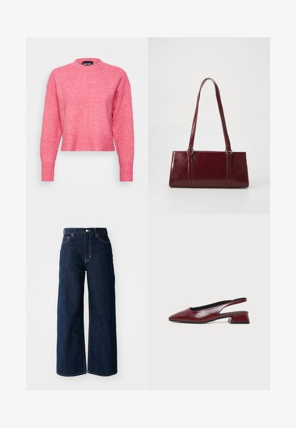 Pull cropped rose avec un col rond, des manches longues, des poignets et un ourlet côtelés, présente une finition légèrement texturée. Étiquette de marque visible.; Jeans en denim bleu foncé à jambes larges avec des coutures contrastées, un design à cinq poches et une fermeture à bouton à la taille.; Chaussure slingback en cuir marron avec bout pointu et petit talon carré, vue de profil sur fond clair uni.; Sac à main bordeaux en matériau brillant, de forme rectangulaire, avec deux anses et des accents légèrement courbés à l'avant.