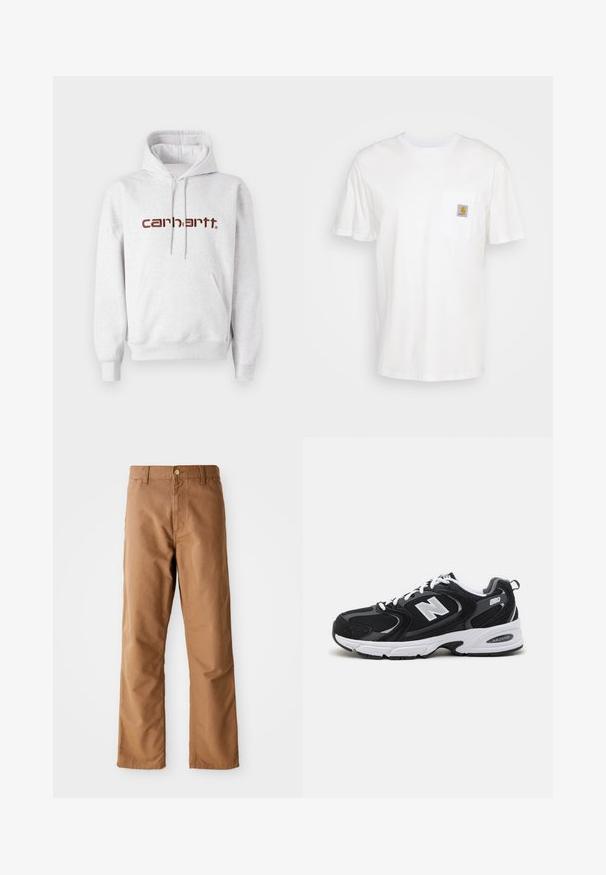 Grå bomulds-hættetrøje med kengurulomme, snoretræk i hætten og "carhartt" logo i mørkebrunt over brystet.; Hvid bomulds T-shirt med korte ærmer, en brystlomme, og et lille firkantet logo patch i orange og hvid på lommen.; Brune lige ben bukser med bæltestropper, forlommer, knaplukning og lynlåsgylp på hvid baggrund.; Sorte og grå sportssko med mesh og ruskind på overdelen, der har en hvid mellemsål, snørebånd og et iøjnefaldende "N" logo på siden.