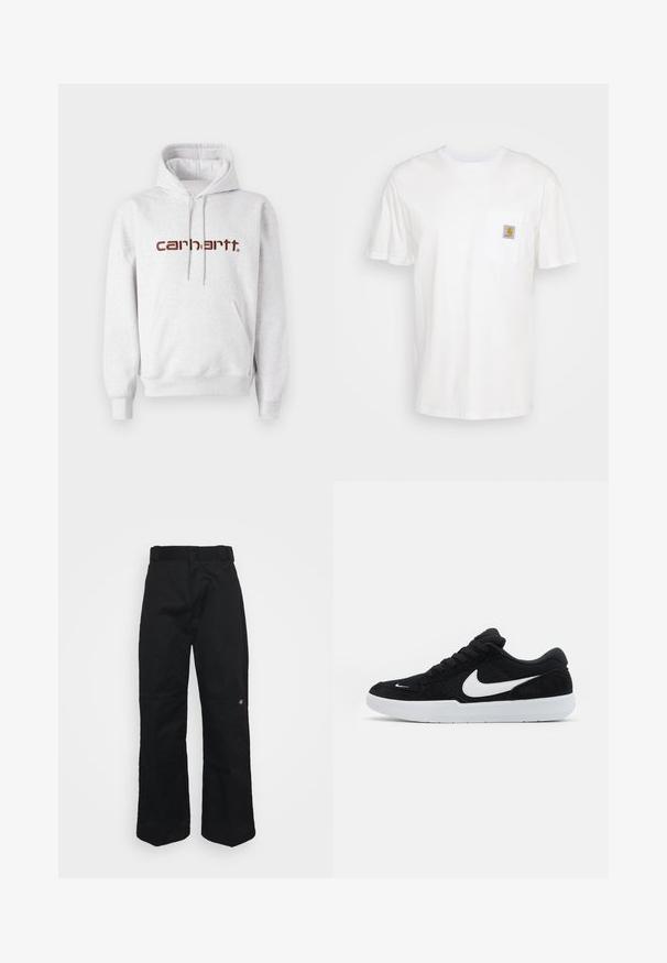 Grå bomulds-hættetrøje med kengurulomme, snoretræk i hætten og "carhartt" logo i mørkebrunt over brystet.; Hvid bomulds T-shirt med korte ærmer, en brystlomme, og et lille firkantet logo patch i orange og hvid på lommen.; Sorte bukser lavet af robust stof, med lige ben, bæltestropper og en lille logo på den nederste side.; Sorte ruskindssneakers med hvide accenter, der har en rund tå, tyk hvid sål og sorte snørebånd. Fremtrædende hvidt Nike-logo på siden.
