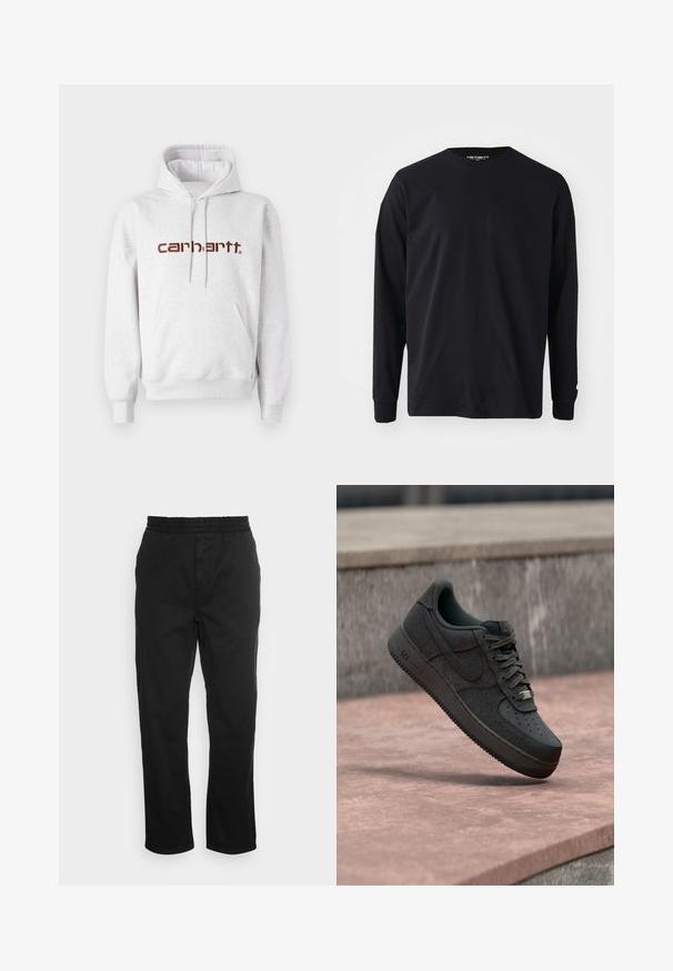 Grå bomulds-hættetrøje med kengurulomme, snoretræk i hætten og "carhartt" logo i mørkebrunt over brystet.; Sort langærmet t-shirt lavet af bomuld, med rund halsudskæring og lige pasform, samt et lille logodetalje på ærmet.; Sorte bomuldsbukser med elastisk talje, lige ben og sidelommer. Glat tekstur uden mønstre eller accenter.; Sort Nike Air Force 1 sneaker ophængt over en glat steno surface med en stenvæg i baggrunden.