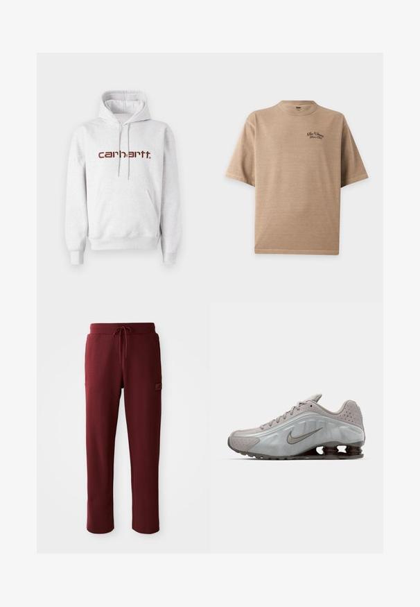 Grå bomulds-hættetrøje med kengurulomme, snoretræk i hætten og "carhartt" logo i mørkebrunt over brystet.; Beige kortærmet T-shirt med rund halsudskæring og lille sort tekst på venstre bryst, der lyder "Levi Strauss Denim Club."; Burgunderfarvede sweatpants lavet af blødt materiale, med en justerbar snor i taljen og en sidelomme med et logo-patch.; Nike løbesko i lysegrå med en glat tekstur, buet design og synlige støddæmpningsfjeder i mørkebrun ved hælen.