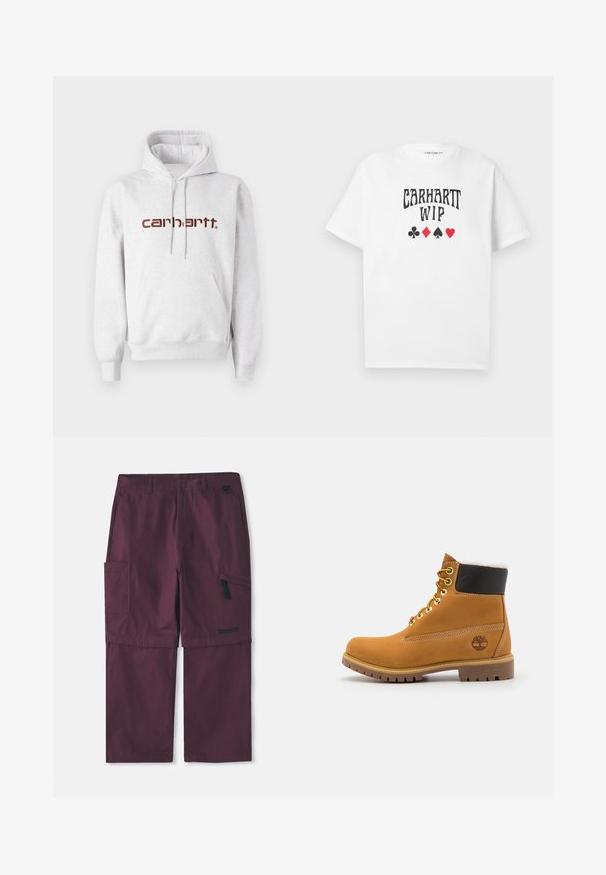 Grijze katoenen hoodie met een kangoeroezak, een capuchon met trekkoord en het "carhartt" logo in donkerbruin over de borst.; Witte T-shirt met korte mouwen en de tekst "CARHARTT WIP" met vier symbolen van speelkaarten (klaver, ruit, schoppen, harten) gecentreerd op de borst.; Bordeaux cargo convertible broek met zijritszak en Timberland-logo op het rechterbeen, verlengde binnenbeenlengte weergegeven.; Bruine leren enkellaars met metalen oogjes, witte faux bont voering, zwarte gewatteerde kraag, robuuste zool en een reliëflogo aan de zijkant.