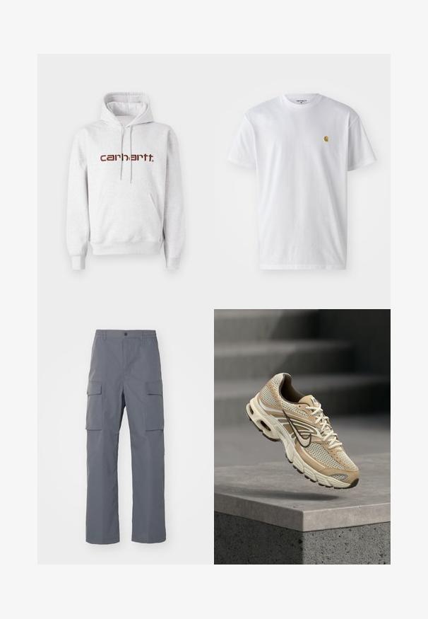 Grijze katoenen hoodie met een kangoeroezak, een capuchon met trekkoord en het "carhartt" logo in donkerbruin over de borst.; Witte katoenen t-shirt met korte mouwen en ronde hals, voorzien van een klein gouden logo op de linkerkant van de borst. Zachte textuur en een normale pasvorm.; Grijze cargobroek van duurzaam materiaal. Kenmerken zijn een elastische tailleband, twee grote zijzakken en een rechte pijp.; Beige en witte Nike hardloopschoen met mesh panelen en zwarte Swoosh, zwevend boven een betonnen richel met wazige trappen op de achtergrond.