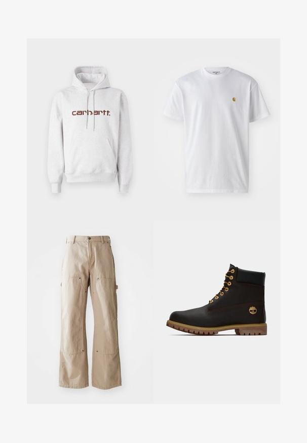Grauer Baumwoll-Hoodie mit Kängurutasche, Kordelzugkapuze und "Carhartt"-Logo in Dunkelbraun auf der Brust.; Weißes Baumwoll-T-Shirt mit kurzen Ärmeln, Rundhalsausschnitt, mit einem kleinen goldenen Logo im linken Brustbereich. Weicher Stoff und normale Passform.; Beige weite Hosen aus robustem Baumwollstoff. Verfügt über Front- und Seiten pockets, sichtbare Nähte und Metallakzente an den Taschen.; Schwarze Leder-Ankle-Boots mit goldenen Ösen, braunen Akzenten und einer Gummisohle. Verfügt über einen gepolsterten Schaft und ein geprägtes Logo an der Seite.