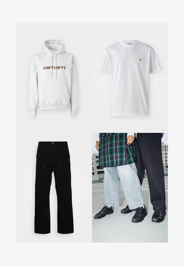 Grijze katoenen hoodie met een kangoeroezak, een capuchon met trekkoord en het "carhartt" logo in donkerbruin over de borst.; Witte katoenen t-shirt met korte mouwen en ronde hals, voorzien van een klein gouden logo op de linkerkant van de borst. Zachte textuur en een normale pasvorm.; Zwarte denim broek met een recht-pijp ontwerp, voorzien van gouden hardware accenten en zichtbare stiksels op de voor- en achterzakken.; Zwarte sportieve schoenen met mesh- en rubberaccenten. Draagt een lichtgrijze wijde spijkerbroek en een groen geruit shirt. Effen achtergrond.