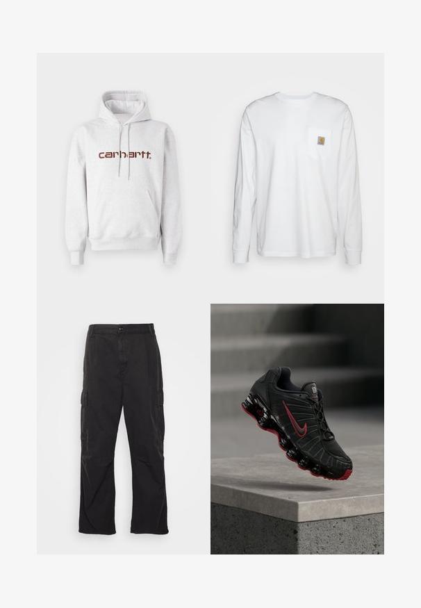Grijze katoenen hoodie met een kangoeroezak, een capuchon met trekkoord en het "carhartt" logo in donkerbruin over de borst.; Wit katoenen overhemd met lange mouwen, met een borstzakje met een vierkante logo patch. Eenvoudig ontwerp met een ronde halslijn en manchetten.; Zwarte cargobroek met een rechte pijpontwerp, voorzien van twee zijzakken, een knoopsluiting en een gestructureerde stof.; Zwarte en rode Nike sportschoen met zichtbare veerachtige zool, balancerend op de rand van een betonnen trede.