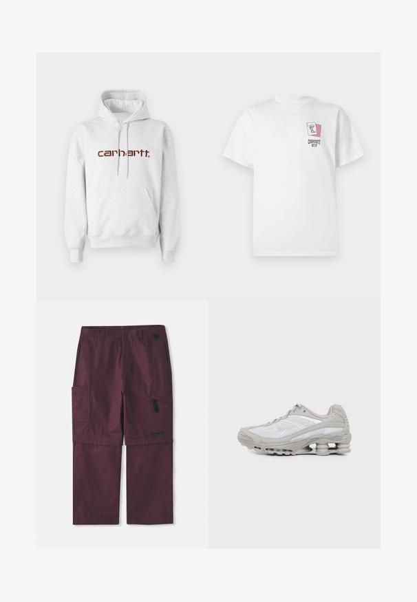 Grauer Baumwoll-Hoodie mit Kängurutasche, Kordelzugkapuze und "Carhartt"-Logo in Dunkelbraun auf der Brust.; Weißes Baumwoll-T-Shirt mit kurzen Ärmeln, mit einem grafischen Taschen-Design mit Spielkarten und dem Text "Carhartt WIP" auf der Vorderseite.; Burgunderfarbene Cargo-Hose, wandelbar, mit seitlichem Reißverschlussfach und Timberland-Logo am rechten Bein, mit verlängertem Innenbein.; Grauer und weißer Sportschuh mit sichtbarer Luftpolstersohle und Mesh-Einsätzen, im Profil auf einfachem hellem Hintergrund gezeigt.