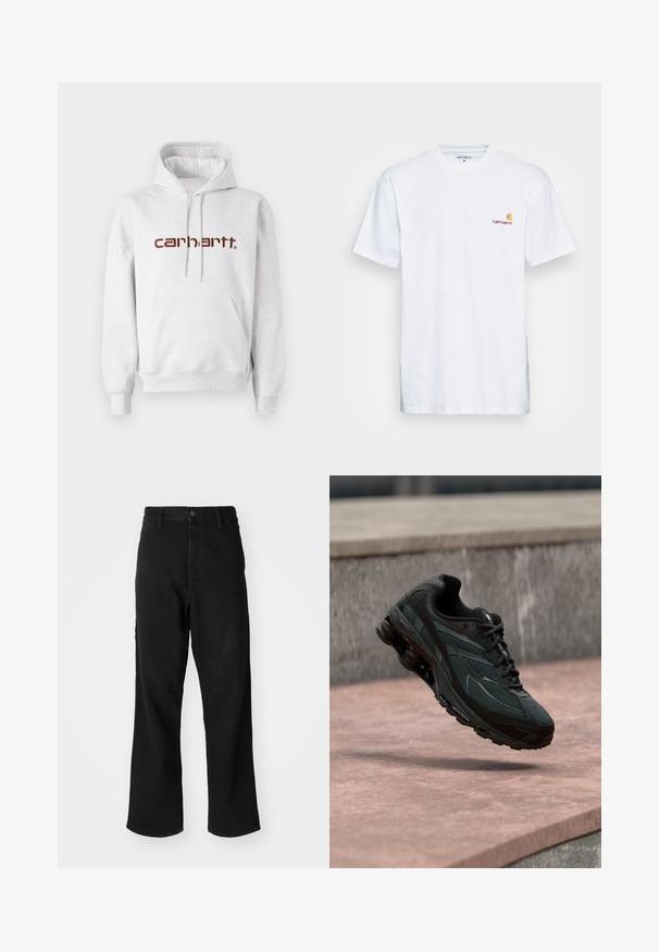 Grijze katoenen hoodie met een kangoeroezak, een capuchon met trekkoord en het "carhartt" logo in donkerbruin over de borst.; Witte katoenen t-shirt met korte mouwen. Ontworpen met een klein oranje en kastanjebruin logo op de linkerkant van de borst. Heeft een klassieke ronde hals.; Zwarte rechte jeans met knoopsluiting, riemlussen en voorzakken op een effen witte achtergrond.; Zwarte atletische sneaker met zichtbare luchtgeveerde tussenzool die boven een roze stenen oppervlak zweeft met een grijze stenen muur op de achtergrond.
