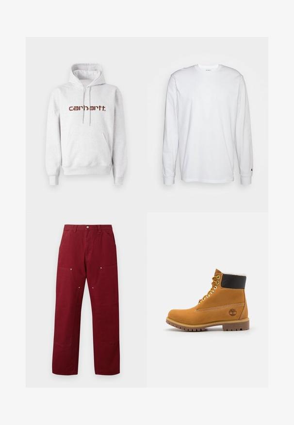 Grå bomulds-hættetrøje med kengurulomme, snoretræk i hætten og "carhartt" logo i mørkebrunt over brystet.; Hvid langærmet T-shirt lavet af bomuld. Rund halsudskæring med ribbede manchetter og et lille logo på venstre ærme. Glat tekstur.; Bordeaux farvede bomuldsbukser med lige snit, som har to forlommer, sølvhardware og knædetaljer. Glat tekstur, mellem vægt.; Brune læder ankelstøvle med metaløjer, hvid pelsforing, sort polstret krave, robust sål og præget logo på siden.