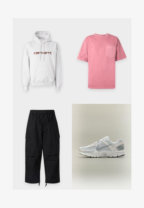Grijze katoenen hoodie met een kangoeroezak, een capuchon met trekkoord en het "carhartt" logo in donkerbruin over de borst.; Roze katoenen T-shirt met korte mouwen, ronde halslijn en een borstzakje aan de linkerkant. Heeft een vervaagde textuur en een ontspannen pasvorm.; Zwarte cargobroek met een elastische tailleband, meerdere zakken en ritsen bij de enkels, uitgevoerd in een comfortabele, losse pasvorm.; Witte en grijze Nike hardloopschoen met mesh en synthetische overlays, grijs swoosh-logo, gedempte zool en gestructureerde hielondersteuning.