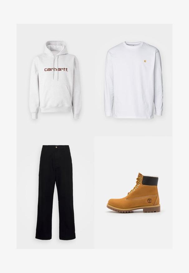 Grauer Baumwoll-Hoodie mit Kängurutasche, Kordelzugkapuze und "Carhartt"-Logo in Dunkelbraun auf der Brust.; Weißes Langarm-T-Shirt aus Baumwolle. Mit kleinem goldenem Logo auf der Brust und Rundhalsausschnitt. Einfaches Design und normale Passform.; Schwarze Hosen aus schwerem Stoff mit geradem Beinschnitt, Fronttaschen, Reißverschluss und einem einzelnen metallischen Knopfverschluss.; Braune Leder-Ankle-Boots mit Metallösen, weißem Kunstfellfutter, schwarzem gepolstertem Kragen, robustem Sohlenprofil und geprägtem Logo an der Seite.