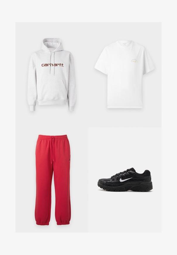 Grijze katoenen hoodie met een kangoeroezak, een capuchon met trekkoord en het "carhartt" logo in donkerbruin over de borst.; Witte T-shirt met korte mouwen met kleine gele en grijze tekst "est. 90" en "STUDIO ORIGINALS EDITION" op de linkerkant van de borst.; Rode joggingbroek met elastische taille, trekkoord en elastische boorden, met een klein zwart Jumpman-logo op de rechterdij.; Zwarte sportieve schoenen met een gestructureerd mesh-bovenwerk en rubberen zool. Iconisch wit swoosh-logo aan de zijkant, met een vetersluiting.