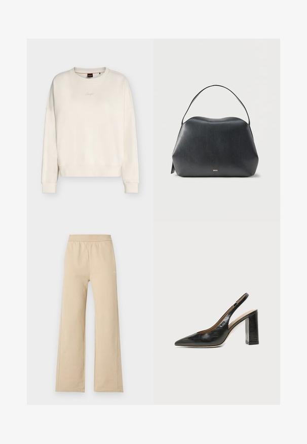 Sweat-shirt écru à col rond, manches longues, poignets et ourlet côtelés, petit logo brodé au centre de la poitrine.; Pantalon beige à jambes larges avec taille élastique et détails de couture minimalistes, présenté sur un fond clair uni.; Chaussure slingback en cuir noir à bout pointu avec un talon bloc haut et une doublure intérieure beige sur un fond clair uni.; Sac à main en cuir noir avec une seule bandoulière et un petit logo doré "BOSS" à l'avant, sur un fond gris clair uni.