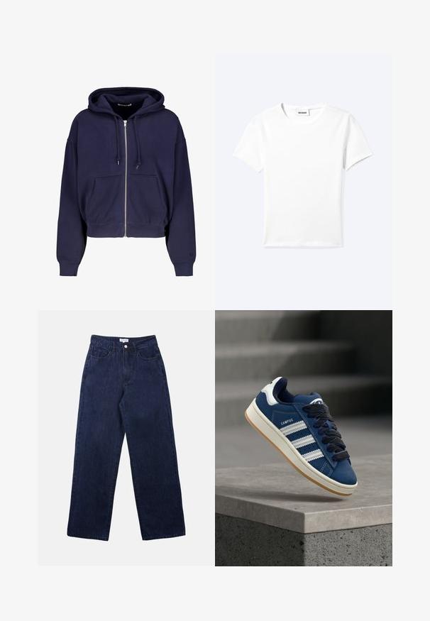 Sudadera cortada de color azul marino, hecha de algodón suave, con cremallera frontal, dos bolsillos delanteros y capucha con cordón. Puños y dobladillo acanalados.; Camiseta blanca lisa de manga corta con cuello redondo y una pequeña etiqueta "WEEKDAY" dentro del cuello, mostrada extendida sobre un fondo claro.; Pantalones de mezclilla azul oscuro con un diseño de pierna recta, que cuentan con un cierre frontal de botón, pasadores para cinturón y dos bolsillos frontales.; Zapatilla azul con rayas blancas y cordones negros, etiquetada como "CAMPUS", suspendida sobre un borde de concreto gris con escaleras desenfocadas al fondo.