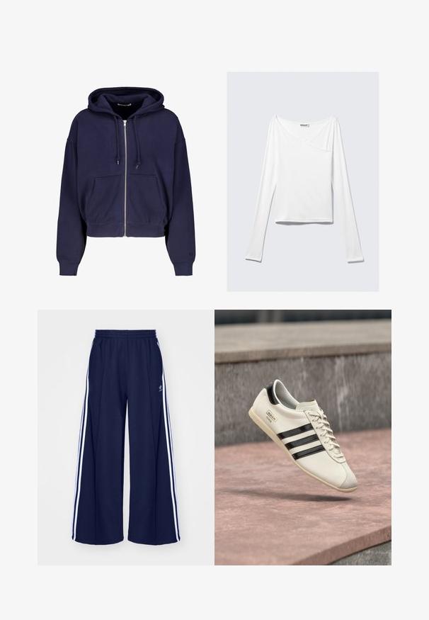 Sudadera cortada de color azul marino, hecha de algodón suave, con cremallera frontal, dos bolsillos delanteros y capucha con cordón. Puños y dobladillo acanalados.; Top blanco de manga larga con diseño cruzado y un bolsillo. Fabricado en una tela suave y elástica. Con un corte casual y relajado.; adidas Originals PANT - Pantalones deportivos - night indigo; Zapatilla blanca de Adidas con rayas negras y suela beige, flotando sobre una superficie de concreto rosada y un fondo de piedra gris.