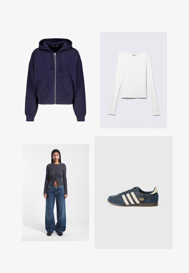 Navyblauwe cropped hoodie gemaakt van zachte katoen met een rits aan de voorkant, twee voorzakken en een capuchon met trekkoord. Geribde manchetten en onderrand.; Witte long-sleeve top met een crossover ontwerp en een zak. Gemaakt van een gladde, rekbare stof. Geknipt in een casual, relaxte pasvorm.; Grijze geribbelde crop top met lange mouwen en een vooropening, gecombineerd met losse blauwe hoge taille spijkerbroeken. Zwarte schoenen.; Marineblauwe suede sneaker met crèmekleurige strepen, gestructureerd teenpaneel, gouden "adidas JAPAN" logo en een bruine rubberen zool. Klasseiek laag model.