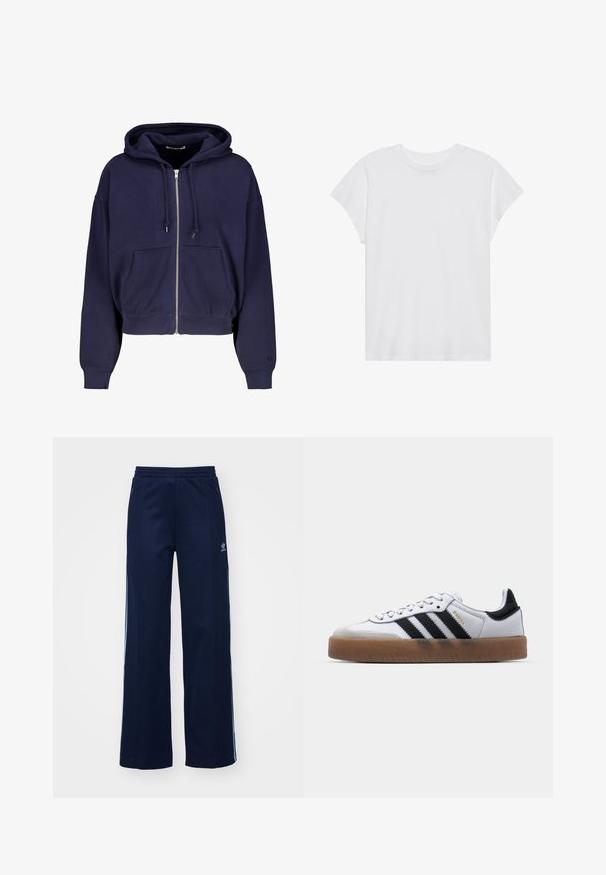 Navyblauwe cropped hoodie gemaakt van zachte katoen met een rits aan de voorkant, twee voorzakken en een capuchon met trekkoord. Geribde manchetten en onderrand.; Witte t-shirt met korte mouwen, ronde hals, relaxte pasvorm, gemaakt van zacht katoen. Glad textuur, geen patronen of logo's.; Marineblauwe katoenen joggingsbroek met een brede pijpdesign, elastische tailleband en ritszakken, voorzien van witte zijstrepen en logo-detail.; Witte leren sneakers met zwarte strepen, gumrubberen buitenzool, ronde neus, vetersluiting en een zachte grijze suède neuskap.