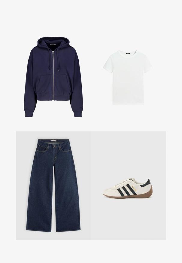 Marineblaue cropped Kapuze aus weichem Baumwollmaterial mit Reißverschluss vorne, zwei Fronttaschen und Kordelzug-Kapuze. Gerippte Bündchen und Saum.; Schlichtes weißes T-Shirt mit kurzen Ärmeln, rundem Halsausschnitt und einem kleinen schwarzen Etikett innen am Kragen.; Dunkelblaue Jeans mit weitem Bein, vorderen Taschen, Gürtelschlaufen und Knopfverschluss, flach auf hellem Hintergrund dargestellt.; Weißer Adidas-Sneaker mit schwarzen Streifen, brauner strukturierter Sohle und goldener Aufschrift "SPEZIAL" an der Seite, von der Außenseite betrachtet.