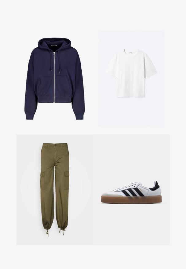 Marineblaue cropped Kapuze aus weichem Baumwollmaterial mit Reißverschluss vorne, zwei Fronttaschen und Kordelzug-Kapuze. Gerippte Bündchen und Saum.; Weißes T-Shirt mit kurzen Ärmeln und Rundhalsausschnitt mit geradem Saum, innen mit gebrandetem "WEEKDAY"-Label am Kragen.; Cargo-Hosen in Olivgrün, aus Baumwollstoff gefertigt. Merkmale sind elastische Bündchen, zwei Seitentaschen und zwei Cargotaschen auf den Oberschenkeln.; Weiße Leder Sneakers mit schwarzen Streifen, Gummigummi-Außensohle, runder Zehenform, Schnürverschluss und weichem grauem Wildleder-Zehenkappe.