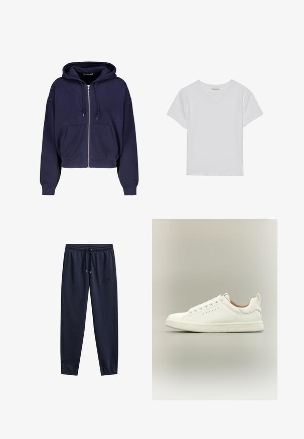 Marineblaue cropped Kapuze aus weichem Baumwollmaterial mit Reißverschluss vorne, zwei Fronttaschen und Kordelzug-Kapuze. Gerippte Bündchen und Saum.; Weißes kurzärmliges V-Ausschnitt-T-Shirt aus Rippstoff. Es zeichnet sich durch ein sauberes Design mit geradem Saum und minimalen Details aus.; Marineblaue Sweatpants mit elastischem Bund, Kordelzug, Seitentaschen, konisch zulaufenden Hosenbeinen und dezent besticktem Logo am rechten Oberschenkel.; Weißer Sneaker mit niedrigem Schaft, Schnürsenkeln, perforierten Seitendetails und einem Zuglasche an der Ferse, vor neutralem Hintergrund.