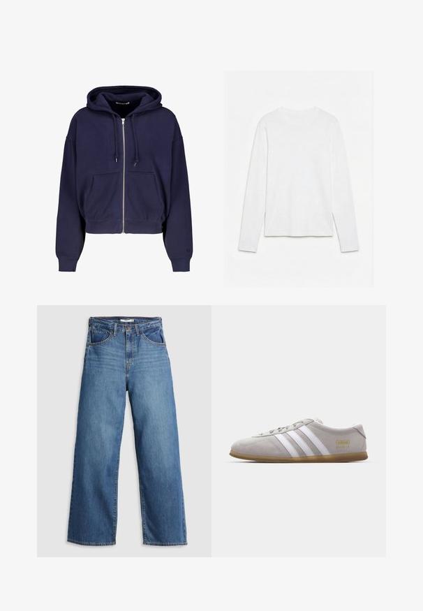 Marineblaue cropped Kapuze aus weichem Baumwollmaterial mit Reißverschluss vorne, zwei Fronttaschen und Kordelzug-Kapuze. Gerippte Bündchen und Saum.; Schlichtes weißes Langarm-T-Shirt mit Rundhalsausschnitt, flach auf einer weißen Oberfläche liegend, Vorderseite und gesamte Ärmellänge sichtbar.; Blaue Denim-weite Jeans mit hohem Bund, ausgestattet mit fünf Taschen, kontrastierenden Nähten und einem Reißverschluss.; Graue Wildleder-Sneaker mit weißen Lederstreifen und goldenen Logodetails. Flache Gummisohle, abgerundete Zehenpartie und klassisches Schnürverschlussdesign.