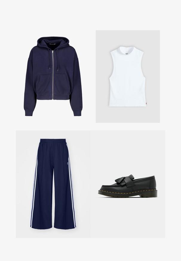 Navyblauwe cropped hoodie gemaakt van zachte katoen met een rits aan de voorkant, twee voorzakken en een capuchon met trekkoord. Geribde manchetten en onderrand.; Wit mouwloos katoenen top met hoge ronde hals en klein Levi's-label aan de zijkant, weergegeven tegen een lichtgrijze achtergrond.; adidas Originals PANT - Trainingsbroek - night indigo; Zwarte leren loafers met een ronde neus, voorzien van een franjesdetail en een decoratieve band aan de voorkant, geplaatst op een chunky hak.