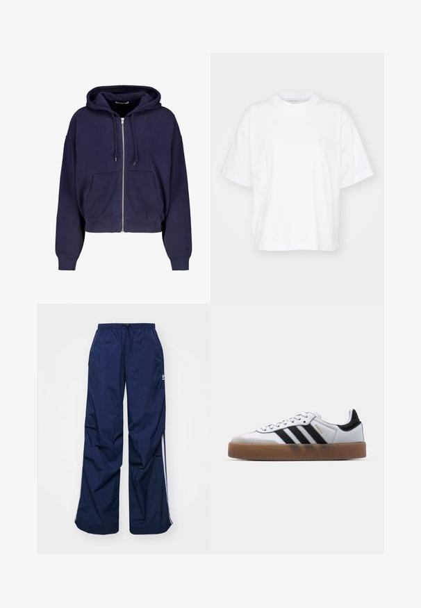 Sudadera cortada de color azul marino, hecha de algodón suave, con cremallera frontal, dos bolsillos delanteros y capucha con cordón. Puños y dobladillo acanalados.; Camiseta de algodón blanca con cuello redondo, mangas cortas y un corte relajado. Presenta un logo sutil en el área del pecho izquierdo. Textura suave.; Pantalones de color azul marino, ligeros, con cintura elástica y cordón ajustable, con franjas blancas laterales y un pequeño logo en la parte delantera. Diseño de corte holgado.; Zapatillas de cuero blancas con rayas negras, suela de goma, puntera redonda, cierre de cordones y caperuza de ante gris suave.