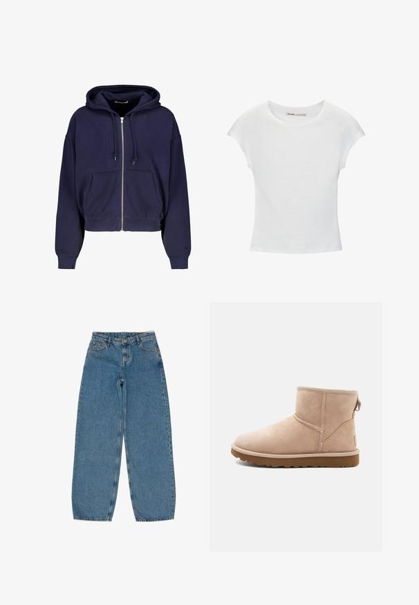 Navyblauwe cropped hoodie gemaakt van zachte katoen met een rits aan de voorkant, twee voorzakken en een capuchon met trekkoord. Geribde manchetten en onderrand.; Witte katoenen T-shirt met korte, opgerolde mouwen, een ronde halslijn en een rechte zoom. Gladde textuur zonder zichtbare patronen of accenten.; Lichtblauwe denim jeans met een losse pasvorm, voorzien van een knoopsluiting, vijf zakken en minimale vervaging. Klassiek recht model.; Beige suède enkellaars met een ronde neus, gestikte accenten en een gestructureerde bruine rubberen zool. Beschikt over een trekband aan de achterkant.