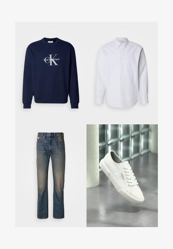 Námornícky modrý bavlnený sveter s okrúhlym výstrihom, dlhými rukávmi a rebrovanými manžetami; obsahuje veľké strieborné logo s "Calvin Klein" a "CK."; Biela košeľa s dlhými rukávmi vyrobená z ľanu s vertikálnymi modrými pruhmi, s gombíkovou prednou časťou a embosovaným logom "CALVIN KLEIN" na hrudi.; Džínsy s vysokým pásom v modrej farbe, vyrobené z denimového materiálu, s rovnými nohavicami, s bledými poškodenými miestami a tradičným štýlom piatich vreciek.; Biela nízka teniska Calvin Klein so šnúrkami, gumovou podrážkou a logom, ktorá sa vznáša nad sivou leštenou podlahou pri stene z sklenených blokov.