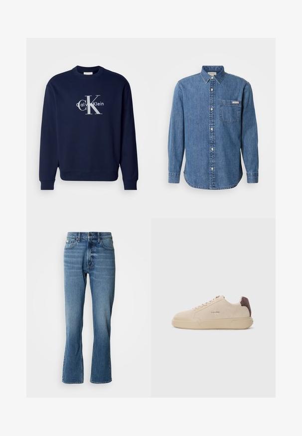 Námornícky modrý bavlnený sveter s okrúhlym výstrihom, dlhými rukávmi a rebrovanými manžetami; obsahuje veľké strieborné logo s "Calvin Klein" a "CK."; Džínsová košeľa v stredne modrej farbe s golierom na gombíky, dlhými rukávmi, prednou vreckom a bielymi gombíkmi. Má mierne zakrivený lem.; Svetlo modré denimové rifle s rovnými nohavicami a jemným rozšírením. Majú päť vreciek, zapínanie na gombík a jemné detaily zohybovania.; Bežové semišové tenisky s okrúhlou špičkou, šnúrkovým uzatváraním vpredu a hnedým semišovým akcentom na podpätku. Obsahujú štruktúrovanú gumovú podrážku.