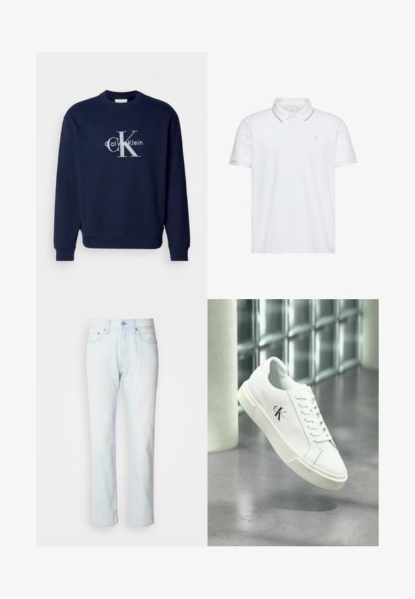 Námornícky modrý bavlnený sveter s okrúhlym výstrihom, dlhými rukávmi a rebrovanými manžetami; obsahuje veľké strieborné logo s "Calvin Klein" a "CK."; Biele polo tričko s krátkym rukávom, so zapínaním na dva gombíky, sivým lemom na golieri a manžetách a malým vyšívaným logom "ck" na hrudi.; Svetlomodré riflové nohavice so strihom rovného nohavice. Majú gombíkový uzáver a pútka na opasok, pričom preukazujú vyblednutú štruktúru a minimálne šitie.; Biela teniska Calvin Klein so šnúrkami, zobrazená vznášajúca sa nad leštenou betónovou podlahou a stenou z sklenených blokov.