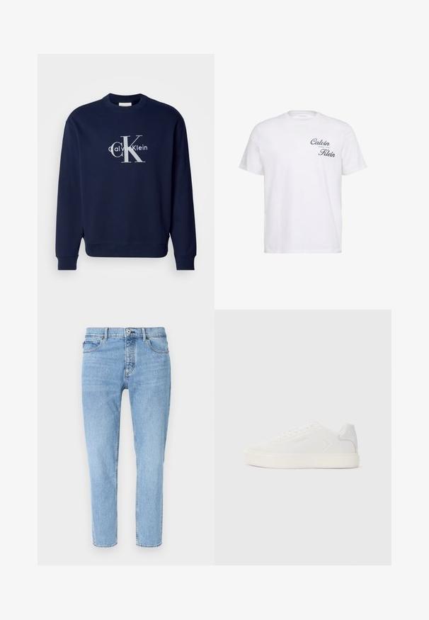Námornícky modrý bavlnený sveter s okrúhlym výstrihom, dlhými rukávmi a rebrovanými manžetami; obsahuje veľké strieborné logo s "Calvin Klein" a "CK."; Biele tričko s krátkym rukávom a okrúhlym výstrihom s nápisom „Calvin Klein“ čiernym kurzívnym písmom na ľavej strane hrudi.; Džínsové rifle svetlo modrej farby s rovnými nohavicami, piatimi vreckami a zapínaním na gombík. Tkanina má jemnú textúru s viditeľným prešitím.; Biele tenisky s hladkým syntetickým zvrškom, okrúlou špičkou a plochou bielou podrážkou. Obsahujú tónové prešívanie a minimálne značenie na boku.