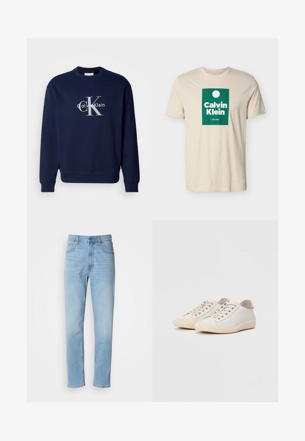 Marineblaues Baumwoll-Sweatshirt mit Rundhalsausschnitt, langen Ärmeln und gerippten Bündchen; mit einem großen silbernen Logo, das "Calvin Klein" und "CK" zeigt.; Beige kurzärmliges T-Shirt mit grünem rechteckigem Logo, das einen weißen Kreis und den Schriftzug "Calvin Klein" in fetten weißen Buchstaben zeigt.; Hellblaue Jeans mit geradem Schnitt, fünf Taschen und Gürtelschlaufen. Der Stoff hat eine glatte Textur mit einem leichten Verblassungseffekt.; Weiße Sneaker aus glattem Leder mit tonalem Nähten, Schnürverschluss, runder Zehenpartie und einer strukturierten Gummisohle.