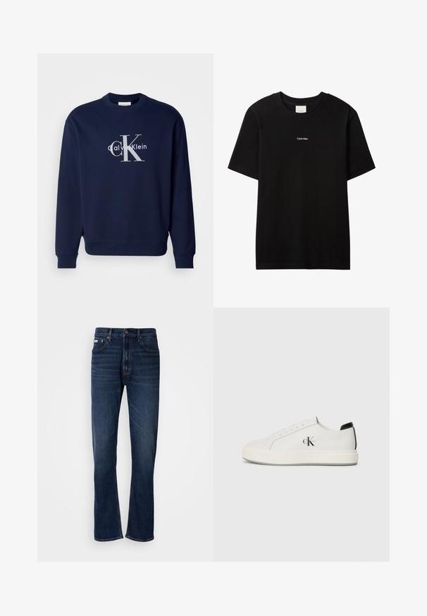 Sudadera de algodón en azul marino con cuello redondo, mangas largas y puños de canalé; presenta un gran logotipo plateado con "Calvin Klein" y "CK."; Camiseta de algodón negra con cuello redondo y mangas cortas. Presenta un pequeño logo blanco "Calvin Klein" en el frente. Ajuste clásico y suave.; Pantalones vaqueros de mezclilla azul oscuro con un diseño de pierna recta, que cuentan con cinco bolsillos, cremallera y costuras en contraste. Tejido texturizado con un acabado suave.; Zapatillas de cuero blanco con puntera redondeada, suela de goma plana y acento negro en el talón. Presenta un destacado logo negro de Calvin Klein en el costado.