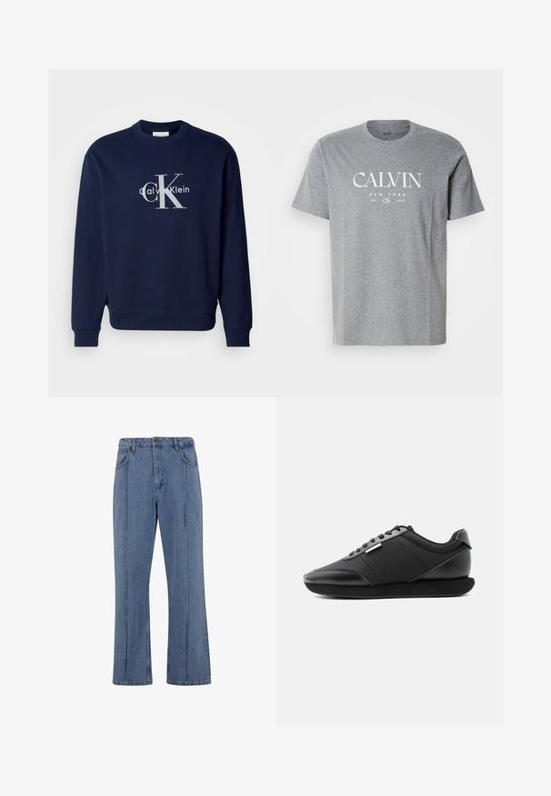 Námornícky modrý bavlnený sveter s okrúhlym výstrihom, dlhými rukávmi a rebrovanými manžetami; obsahuje veľké strieborné logo s "Calvin Klein" a "CK."; Sivá bavlnená tričko s krátkym rukávom s bielym potlačeným textom "CALVIN NEW YORK 1968 CK Calvin Klein" na prednej časti uprostred.; Svetlomodré džínsy s vysokým pásom, rovného strihu, so zvislými vreckami, viditeľným prešívaním a mierne rozšírenými nohavicami.; Čierna tenisková obuv s nízkym strihom, textúrovanými bočnými panelmi, čiernymi šnúrkami rovnakej farby a hrubou šikmou podrážkou na jednolatom bielom pozadí.