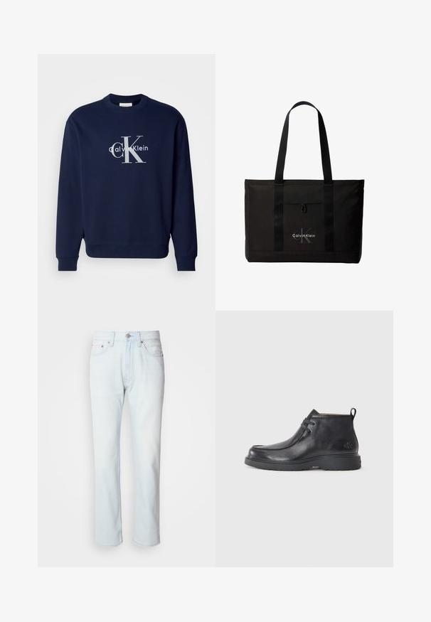 Marineblaues Baumwoll-Sweatshirt mit Rundhalsausschnitt, langen Ärmeln und gerippten Bündchen; mit einem großen silbernen Logo, das "Calvin Klein" und "CK" zeigt.; Hellblaue Jeans mit geradem Bein. Verfügt über einen Knopfverschluss und Gürtelschlaufen, präsentiert eine ausgebleichte Textur und minimale Nähte.; Schwarze Leder-Stiefel bis zur Knöchel mit runder Zehenform, Schnürdesign und einer Ziehlasche auf der Rückseite. Strukturiertes Obermaterial und Gummisohle.; Schwarze Calvin Klein Tote-Tasche mit zwei langen Griffen und Fronttasche, mit dem Markenlogo in Weiß und Grau.