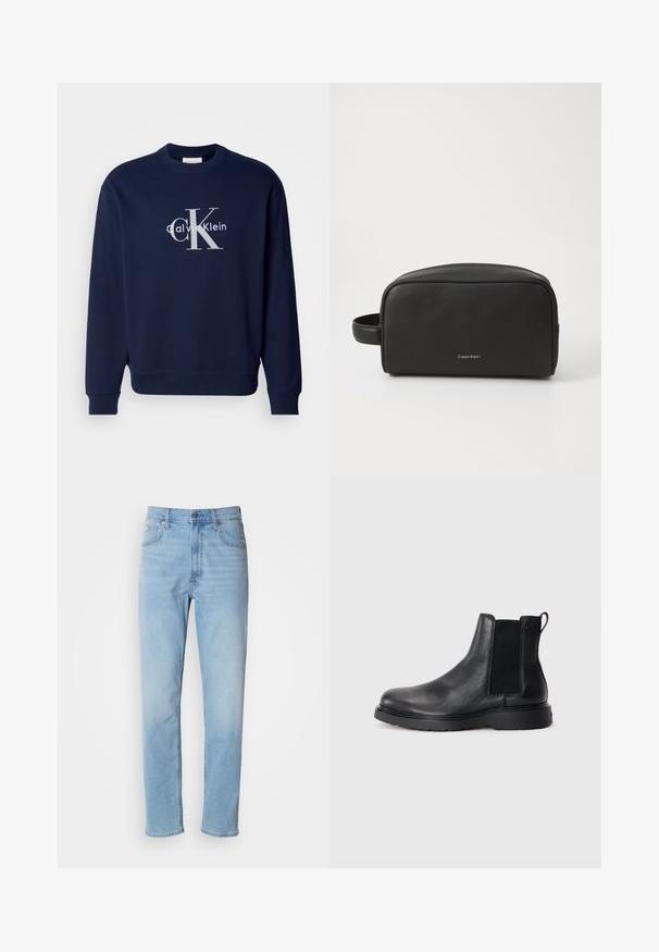 Sudadera de algodón en azul marino con cuello redondo, mangas largas y puños de canalé; presenta un gran logotipo plateado con "Calvin Klein" y "CK."; Jeans de mezclilla azul claro con un corte recto, cinco bolsillos y trabillas para cinturón. La tela presenta una textura suave con un ligero efecto de desvanecimiento.; Botas Chelsea de cuero negro con acabado texturizado, paneles laterales elásticos y una suela de goma resistente. Marca sutil en el talón.; Neceser de cuero negro con superficie texturizada, forma redondeada y asa lateral. Presenta el logo de Calvin Klein en la parte frontal.