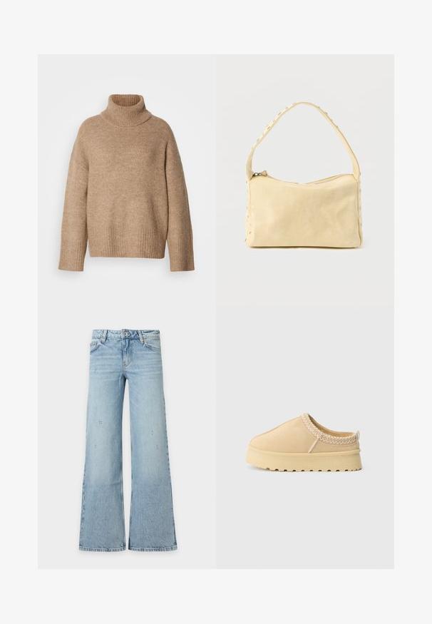 Beige rullekravesweater lavet af blødt strikstof. Har ribbet halsudskæring og manchetter, med en afslappet pasform og sænkede skuldersømme.; Lyseblå høj talje denimjeans med let slid og brede, udvidede ben, vist fladt på en hvid baggrund.; Beige slip-on sko med tykk gummisål, zigzag syning omkring kraven, og strop bagpå på en ensfarvet hvid baggrund.; Lille beige læderhåndtaske med en enkelt rem og sølvnitter langs kanterne og remmen, sat mod en ensfarvet baggrund.